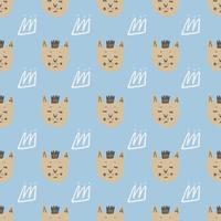 Bright seamless pattern with little cat faces and white outline crowns. Print with blue background. Creative design. vector