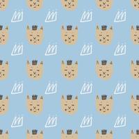 Bright seamless pattern with little cat faces and white outline crowns. Print with blue background. Creative design. vector