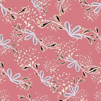 Seamless pattern with random floral branches in tender style. Pink background with splashes. vector