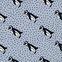 Wild nature seamless pattern with hand drawn penguin ornament. Light blue dotted background. vector