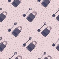 Purple colored secret seamless pattern with lock and keys ornament. Light pink dotted background. Vintage backdrop. vector