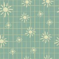 Pale seamless pattern with random ethnic simple sun silhouettes. Light green chequered background. vector