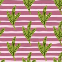 Bright seamless doodle pattern with green leaf simple shapes. Pink and lilac colored striped background. vector