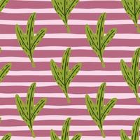 Bright seamless doodle pattern with green leaf simple shapes. Pink and lilac colored striped background. vector