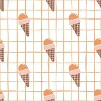patrón transparente brillante con helado de cono de galleta sobre fondo blanco a cuadros. vector