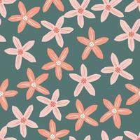 Organic seamless pattern with pink flowers mandarin elements. Navy blue pale background. vector