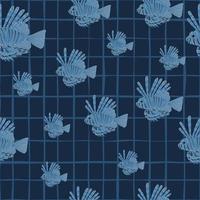 Random seamless pattern with hand drawn lionfish nature silhouettes. Navy blue chequered background. vector