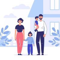 una familia joven arroja dinero a una alcancía para comprar una casa. concepto de compra de vivienda. estilo de dibujos animados vector