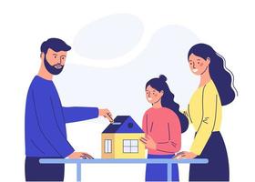 a young family throws money into a piggy bank to buy a house. home buying concept. cartoon style