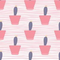Cactus in pot seamless pattern on stripe background. Simple textile ornament vector