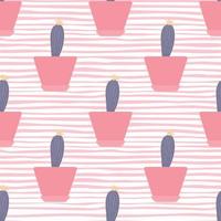 Cactus in pot seamless pattern on stripe background. Simple textile ornament vector