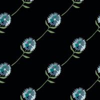 Simple minimalistic botanic seamless pattern with dandelion blue flowers. Black background. vector