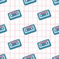 Bright disco seamless pattern with cassette ornament. White background with pink check. vector