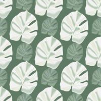 Pastel palette monstera leaf seamless pattern. Hand drawn white tropical ornament on soft green background. vector