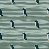 Creative crested penguins shapes seamless pattern. Hand drawn arctic print. Green and blue striped background. vector