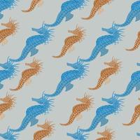 Pale tones seamless pattern with doodle orange and blue seahorse shapes. Grey background. Simple design. vector