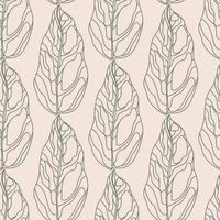 Nature seamless doodle pattern with outline leaves ornament. Contoured abstract foliage on light pink background. vector