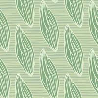 Pastel green leafs seamless hand drawn pattern. Stylized outline ornament with stripped background. vector