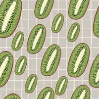 Random seamless food pattern with healthy kiwi green shapes. Grey chequered background. vector