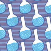 Blue flask cartoon silhouettes seamless hand drawn pattern. Purple and blue striped background. vector