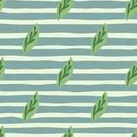 Garden nature seamless pattern with green leaf ornament shapes. Blue striped pastel background. vector