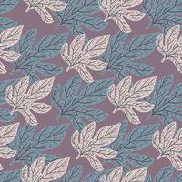 Botanical seamless pattern with simple grey and blue pastel leaf elements. Purple background. vector