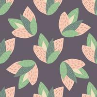 Spring botanic seamless pattern with pink and green leaves on purple background. vector