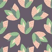 Spring botanic seamless pattern with pink and green leaves on purple background. vector