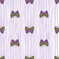 Green and purple colored folk butterfly shapes seamless pattern in doodle style. Striped background. vector