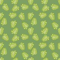 Botany seamless pattern with random green monstera leaf ornament. Pastel background. Tropic shapes. vector