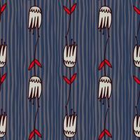 Botanic grey tulip outline flowers seamless pattern in dark palette with red leaves. Navy blue background with strips. Simple stylized artwork. vector