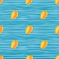 Abstract seamless pattern with bright orange apricot elements. Blue striped background. Simple style. vector