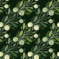 Folk bouquet seamless pattern in creative doodle style. Black background. Green foliage ornament with flowers. vector