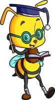 The smart bee is studying with a book and holding pencil vector