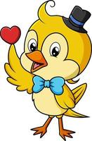 The happy bird is wearing a tie and holding the heart vector