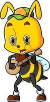 The happy bee is singing and playing the banjo vector