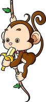 The little monkey is hanging on the tree and eating banana vector