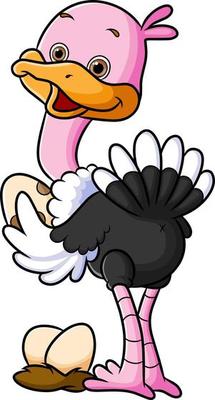 The big ostrich is standing and holding the big egg