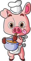 The chef pig is making a delicious food and wearing an apron vector