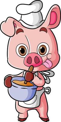 The chef pig is making a delicious food and wearing an apron