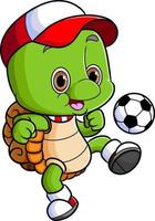 The happy turtle with the hat is playing the football vector