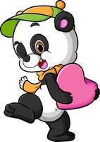 el panda feliz está bailando y sosteniendo la muñeca del corazón vector