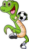 el lagarto feliz está sosteniendo la pelota y jugando al fútbol vector