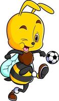 The happy bee is playing the soccer and kicking the ball