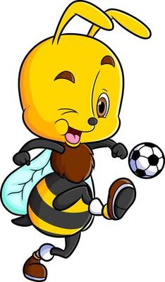 The happy bee is playing the soccer and kicking the ball