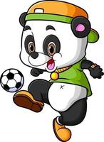 The happy panda is playing the football in the day