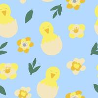 chick hatched from eggs and flowers seamless pattern. wallpaper, textiles, wrapping paper. hand drawn doodle. trendy colors. gold, green, yellow. baby, easter vector