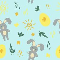 bunnies, easter eggs, leaves and doodle dashes seamless pattern in trending color. hand drawn minimalism simple. wallpaper, textiles, wrapping paper. gold, yellow, green. child vector