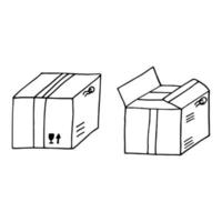 caja de cartón cerrada y abierta dibujada a mano en estilo garabato. , arte lineal, nórdico, escandinavo, minimalismo, monocromo. icono, pegatina. paquete. vector