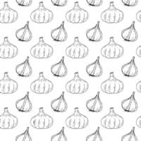 garlic seamless pattern. wrapping paper, label, menu, kitchen textiles. sketch hand drawn doodle. monochrome minimalism. food, spice. vector